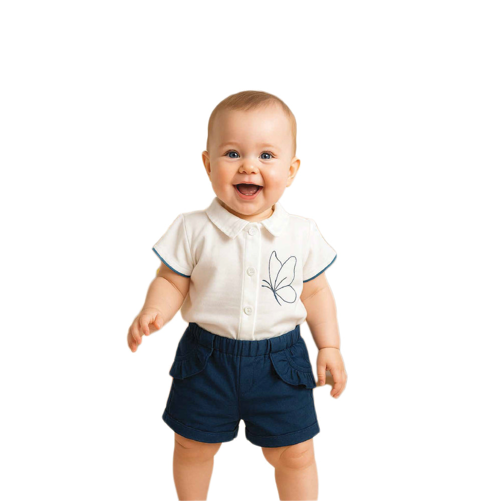 Classic Butterfly Polo Top and Navy Ruffle Pocket Shorts Set for Baby Girls
