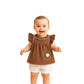 Vintage-Style Ruffle-Sleeve Top and Shorts Set with Flower Pocket - Brown and Ivory