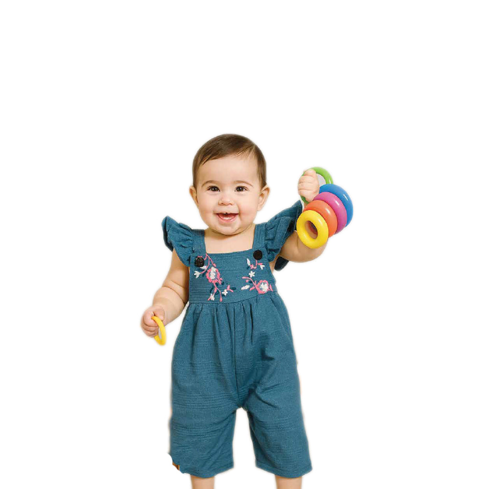 Chambray Denim Floral Embroidered Romper Jumpsuit with Flutter Sleeves for Baby Girls - Teal/Blue