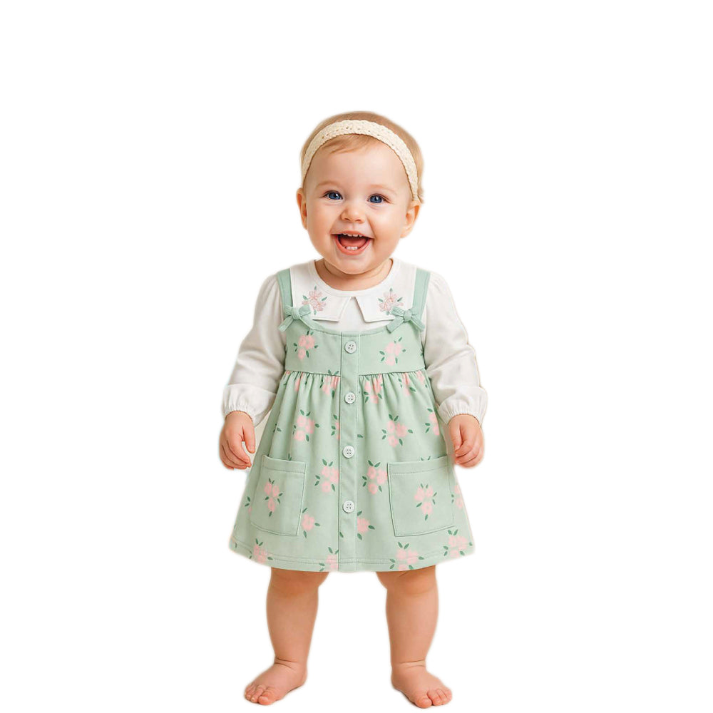 Sweet Spring Floral Pinafore Dress Set with Embroidered Peter Pan Collar Top