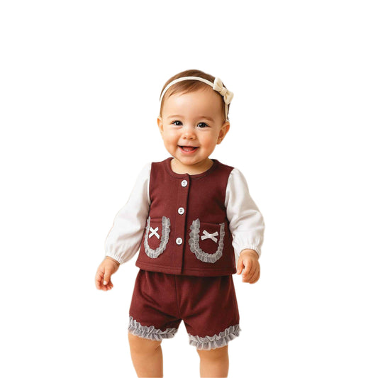 Vintage-Inspired Vest, Long Sleeve Top, and Ruffle Shorts Set for Baby Girls - Rust/Maroon