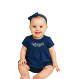 Navy Blue Floral Embroidered Dress Romper and Headband Set for Baby Girls