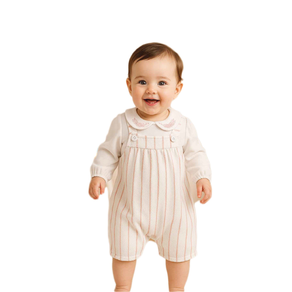 Classic Pinstripe Baby Overalls Romper Set with Embroidered Peter Pan Collar Top