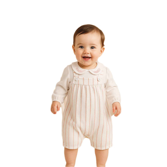 Classic Pinstripe Baby Overalls Romper Set with Embroidered Peter Pan Collar Top