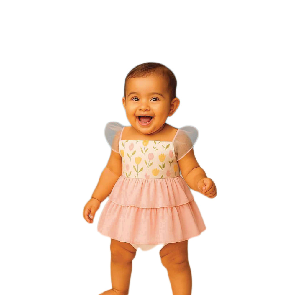 Enchanted Tulip Print Baby Fairy Dress Romper with Sheer Wings - Pink