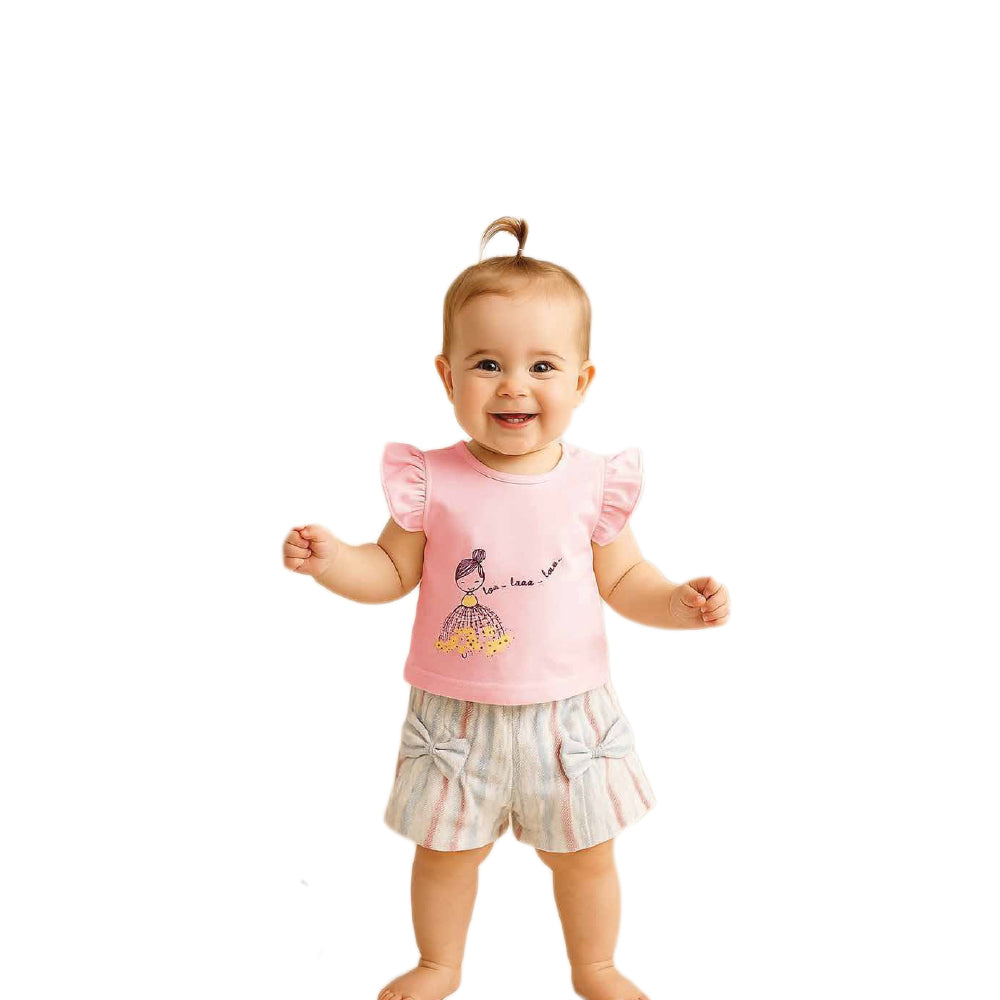 Sweet Ballerina Ruffle-Sleeve T-Shirt and Striped Bow Shorts Set for Baby Girls