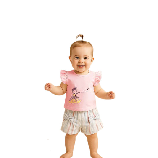 Sweet Ballerina Ruffle-Sleeve T-Shirt and Striped Bow Shorts Set for Baby Girls