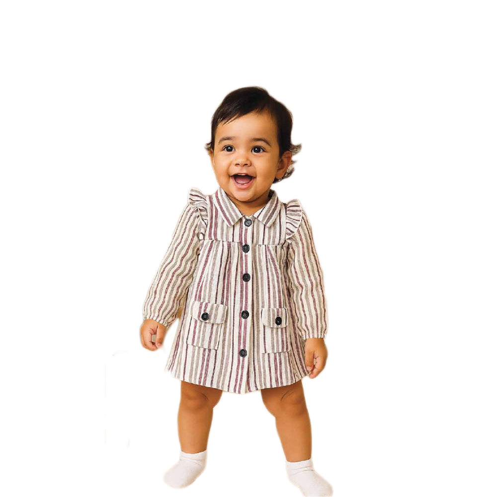 Cute Striped Long Sleeve Baby Dress with Ruffle Shoulders & Front Pockets