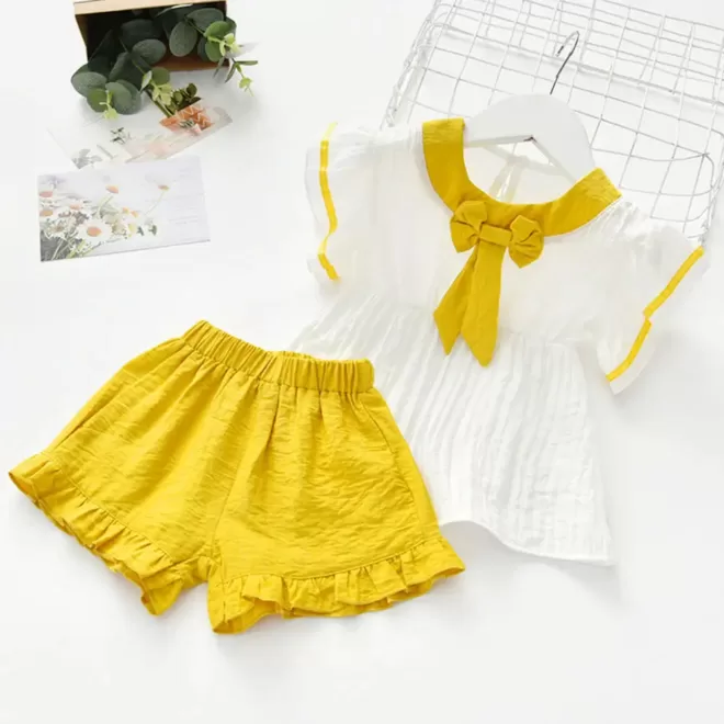 Yellow Bow Applique Top With Short Set